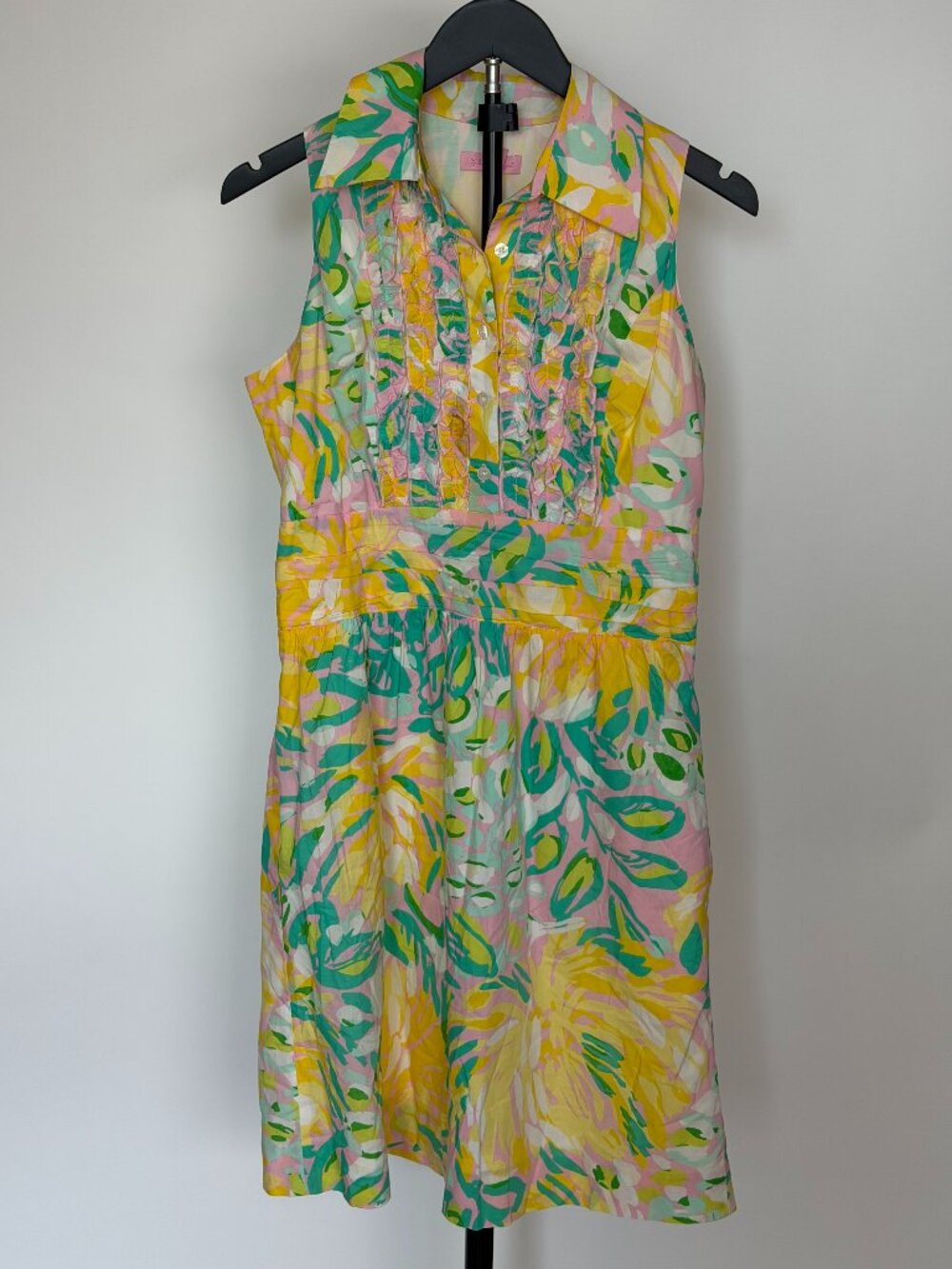 Pink Yellow Green Tropical Floral Sleeveless Shirt Dress